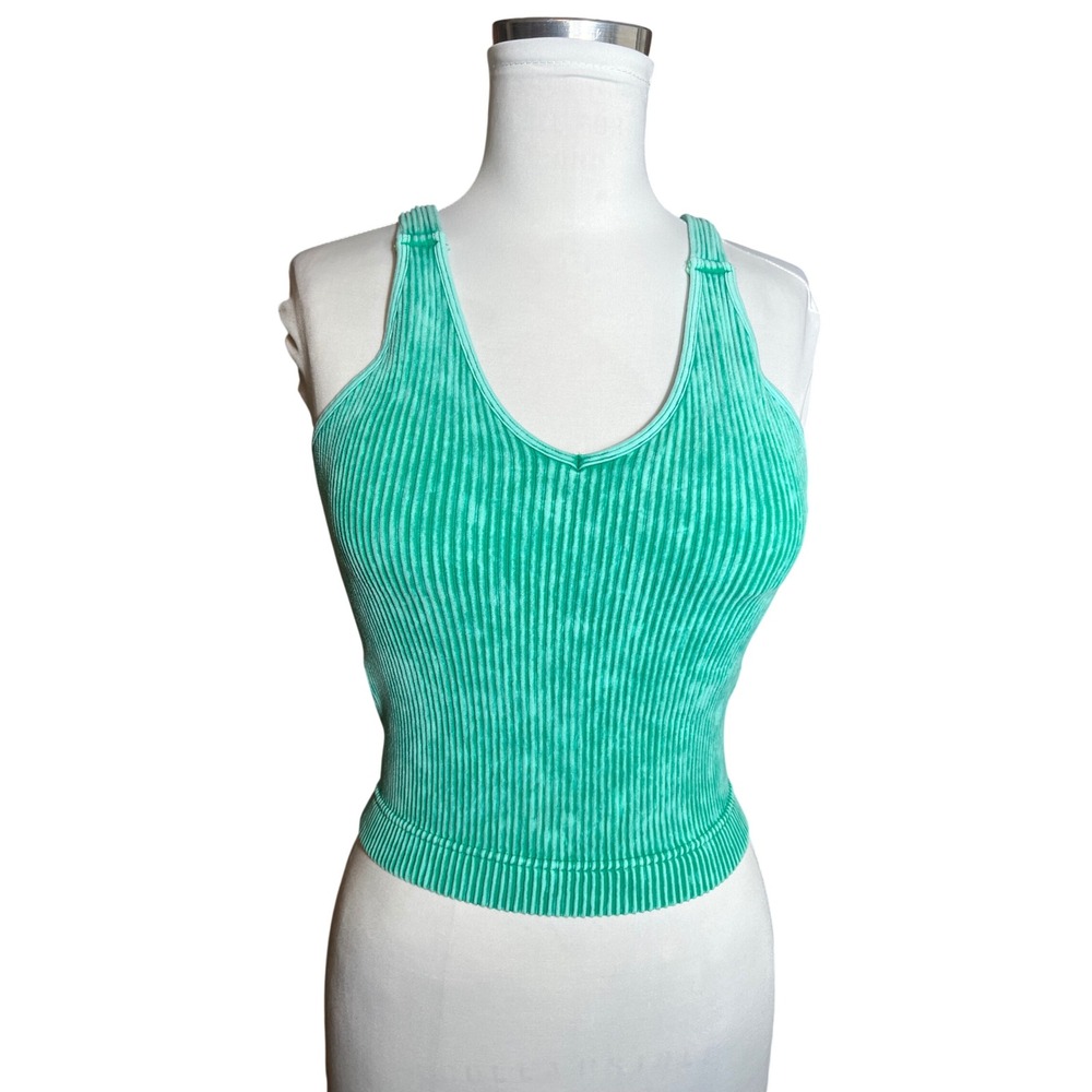 Zenana Women Green Mineral Wash‎ Ribbed Seamless V-Neck Cropped Tank Top S/M
